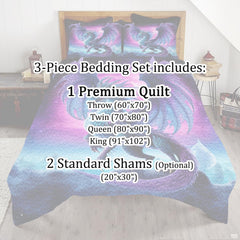 Dragon bedding mockup with a cyan dragon and glowing purple-blue sky
