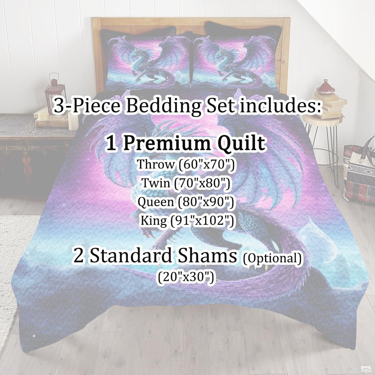 Dragon bedding mockup with a cyan dragon and glowing purple-blue sky