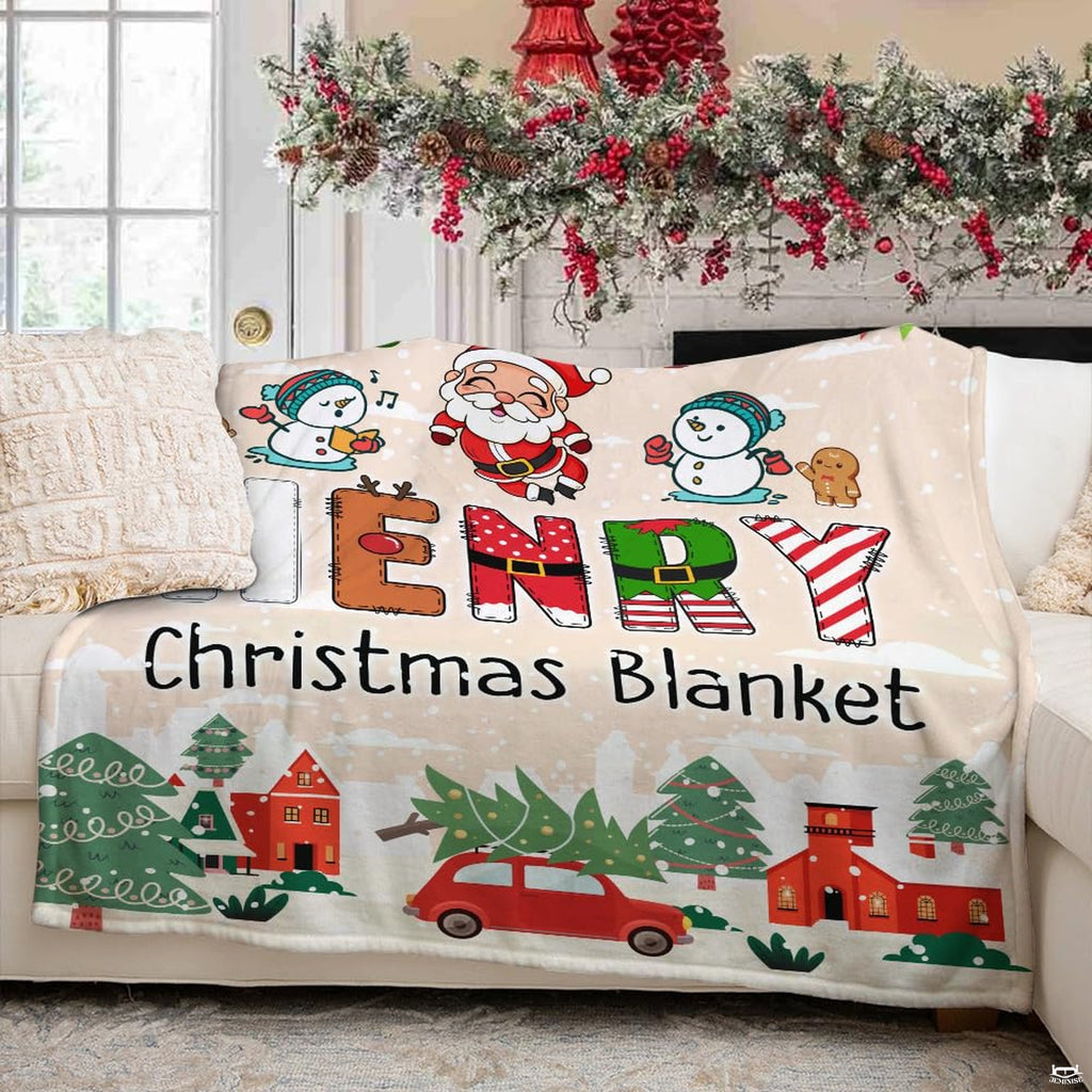 Close view of folded edge finish on Christmas village blanket