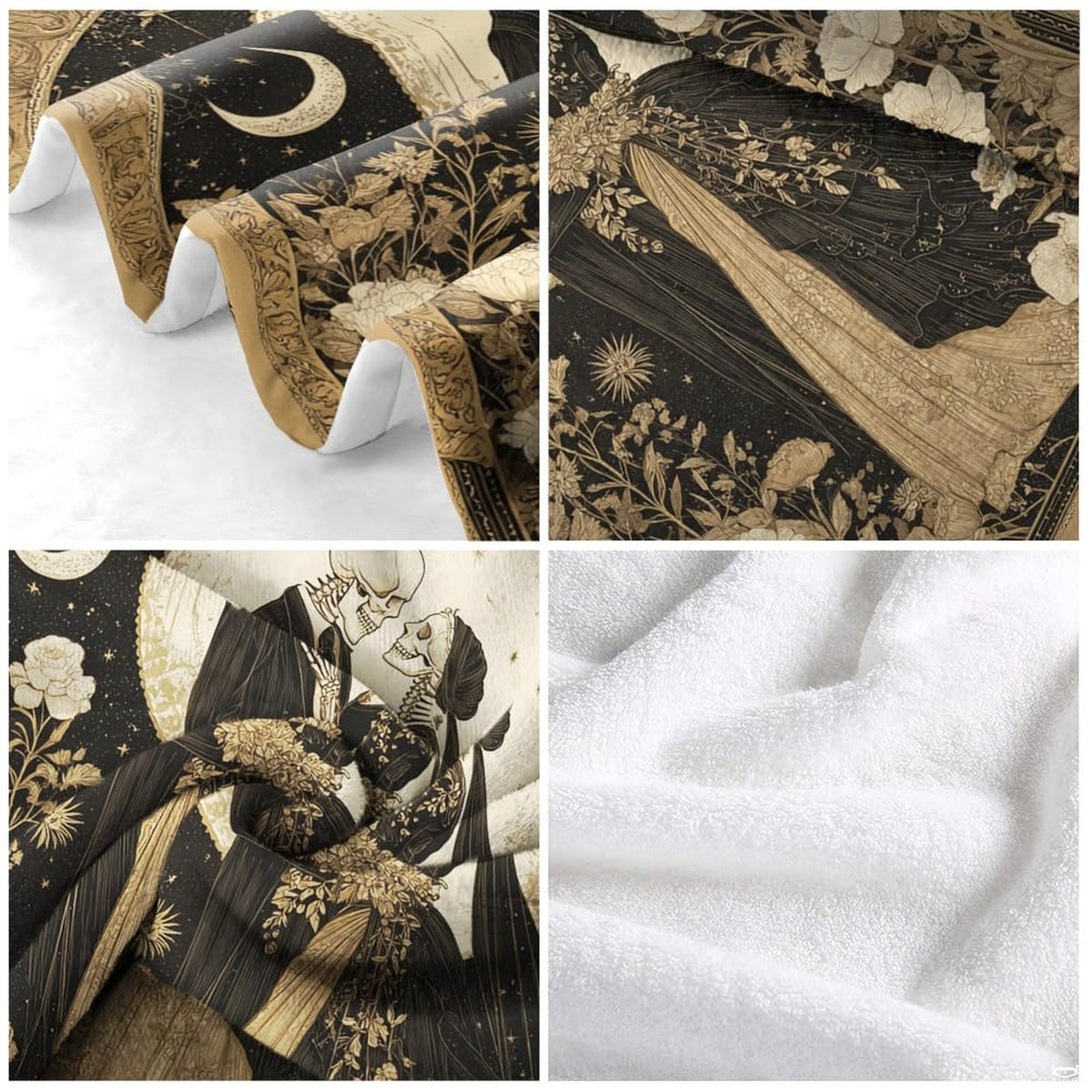 Side angle of gothic skeleton bride artwork displayed on bedroom bedding set.