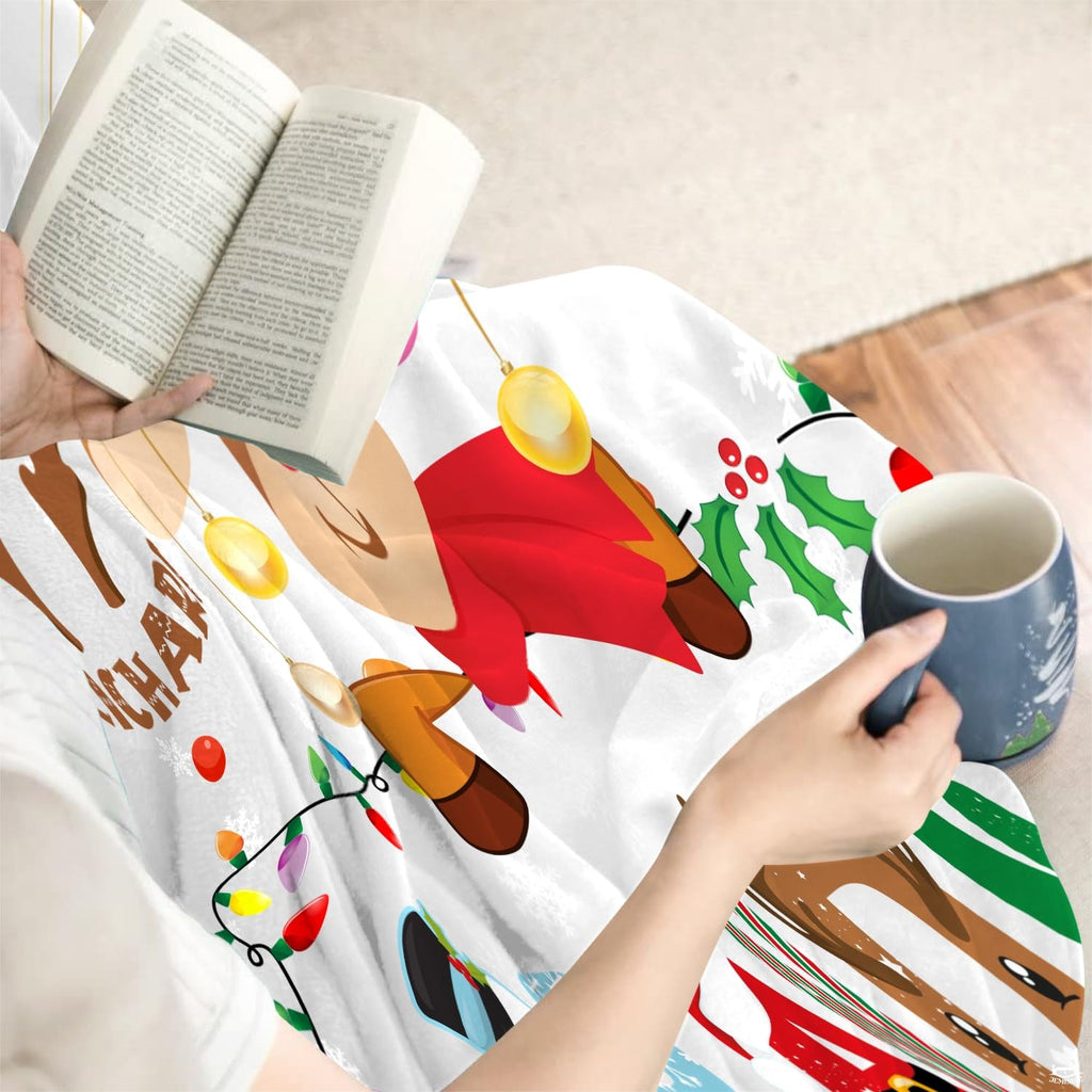Christmas reindeer buffalo plaid throw blanket displaying cartoon reindeer and holiday bulb string garland