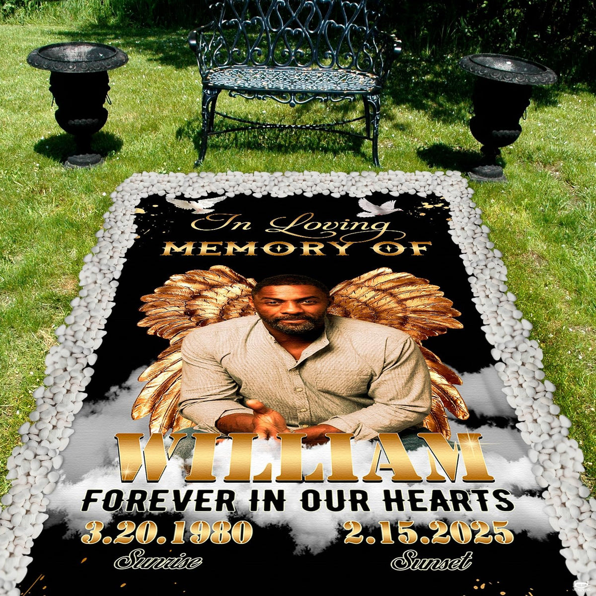 Corner perspective of memorial tribute drape highlighting golden stardust