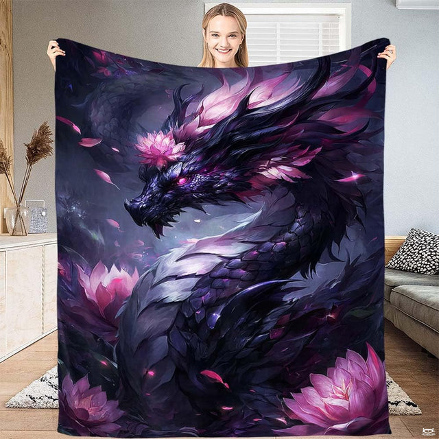 Serpentine black dragon crowned with pink lotus flower amid floating petals, view 1.