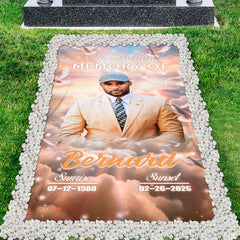 Memorial photo banner tribute bedding design with celestial cloudscape and soaring white doves.