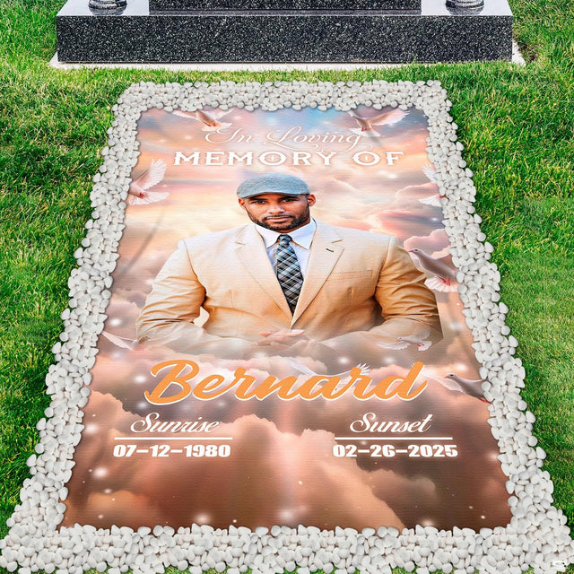 Memorial photo banner tribute bedding design with celestial cloudscape and soaring white doves.