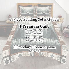 thematic accent view of pine tree bedding set highlighting serene woodland scenery and geometric motifs.