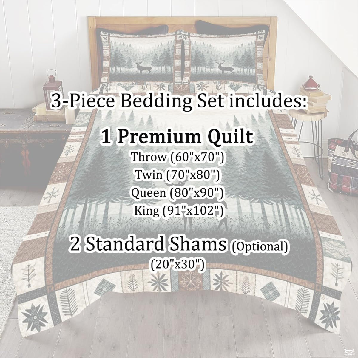 thematic accent view of pine tree bedding set highlighting serene woodland scenery and geometric motifs.