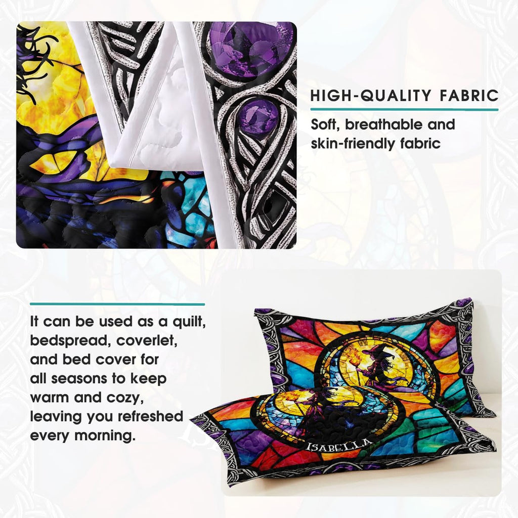 Vibrant cobalt blue and crimson stained glass bed head styling paired with fantasy witch artwork.