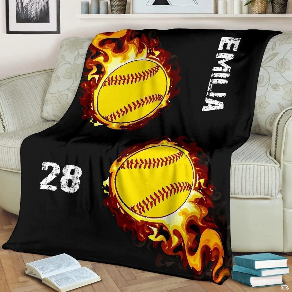 Fiery softball bedroom decor showcasing vivid yellow softballs enveloped in blazing orange flames against black.
