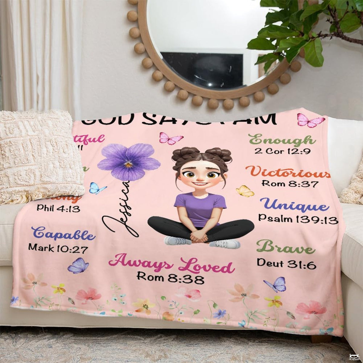 Faith affirmation blanket draped across modern living room armchair