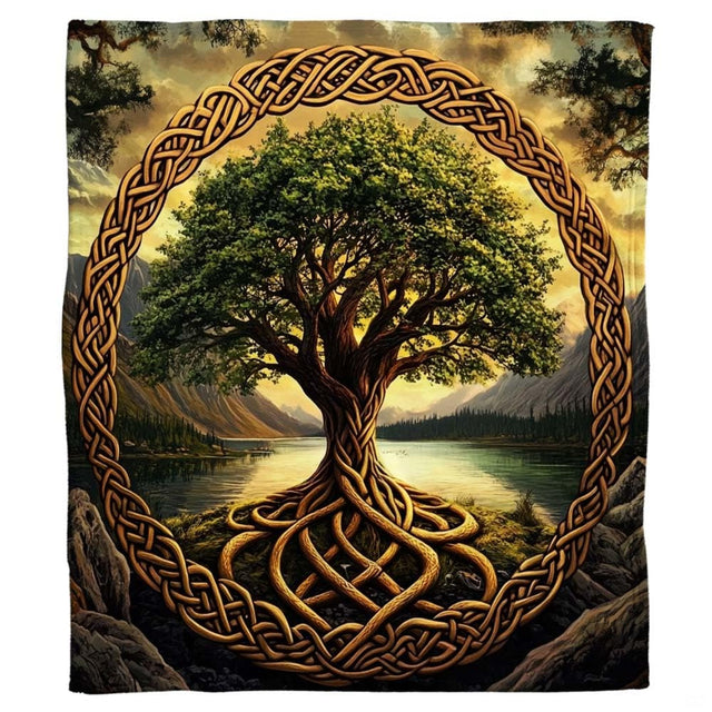 Celtic knot tree of life throw blanket draped over sofa in cozy living room