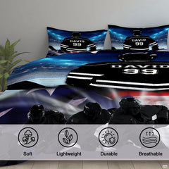 Folded corner view showing crimson red and navy blue flag pattern on athletic hockey bedding
