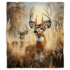 Whitetail deer wildlife throw blanket draped over sofa in cozy living room setting