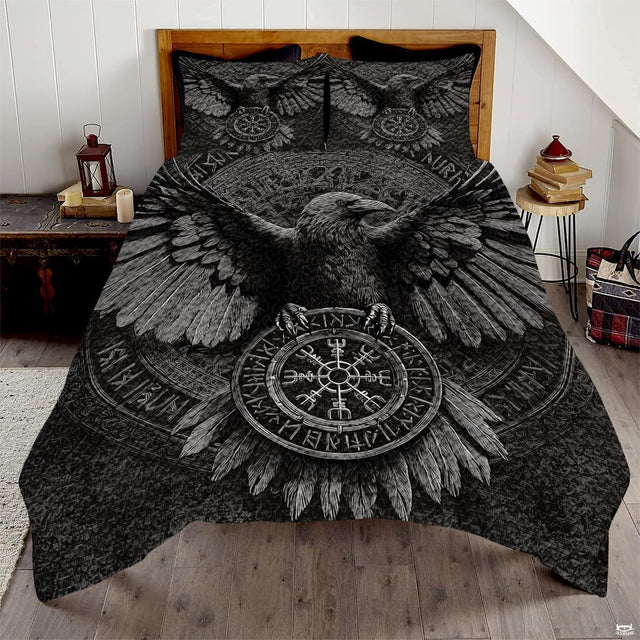 Overhead bedroom view of Viking bedding featuring outstretched raven clutching Vegvisir runic compass amulet.