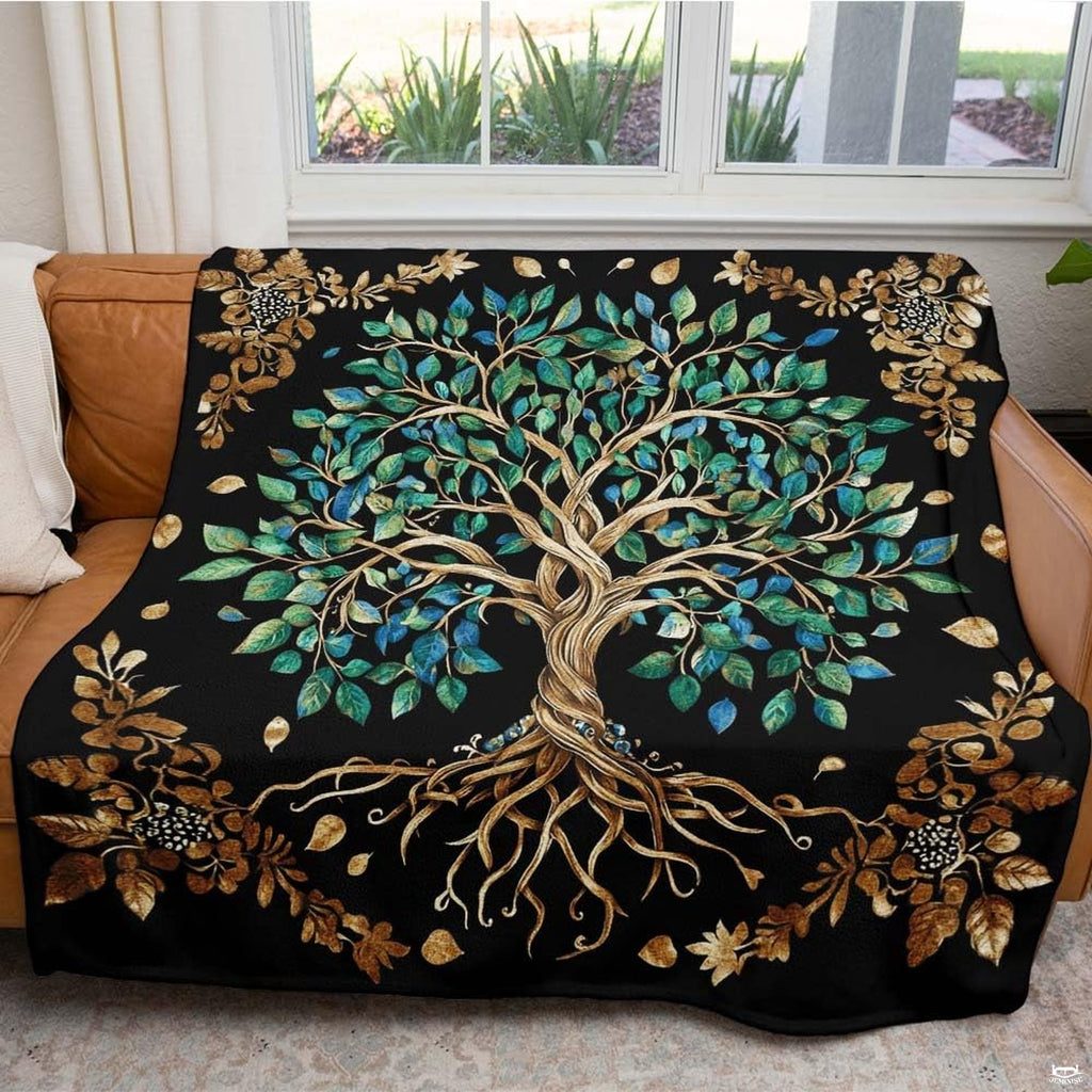 Spiritual Tree of Life throw blanket folded neatly on bedroom bench