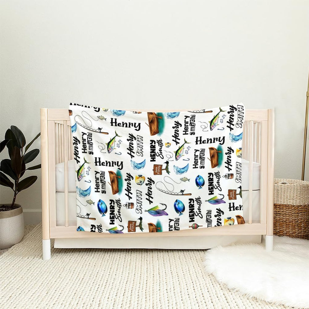 Lake angler rowboat tackle lures blanket detail of rowboat and fish artwork