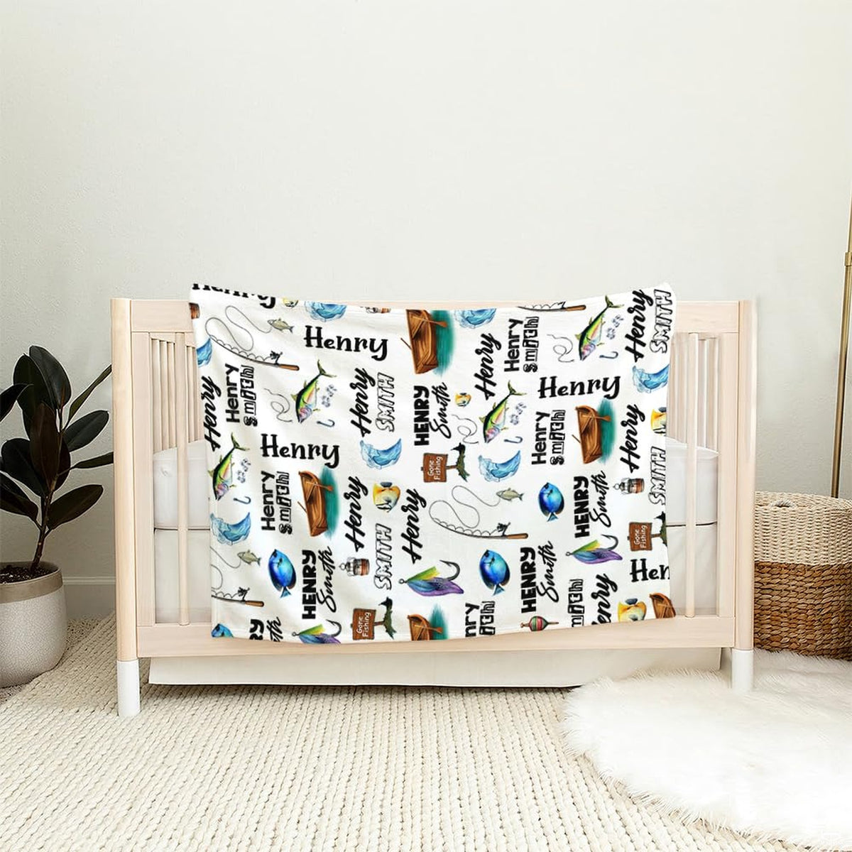 Lake angler rowboat tackle lures blanket detail of rowboat and fish artwork
