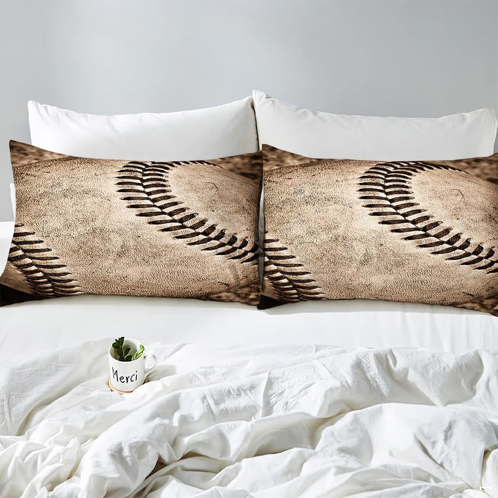 Side angle view of athletic sports bedding showing almond cream and espresso brown tones draped on mattress