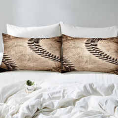Side angle view of athletic sports bedding showing almond cream and espresso brown tones draped on mattress