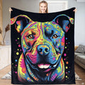 Colorful pitbull pop art throw blanket featuring smiling dog portrait in rainbow tones on black backdrop