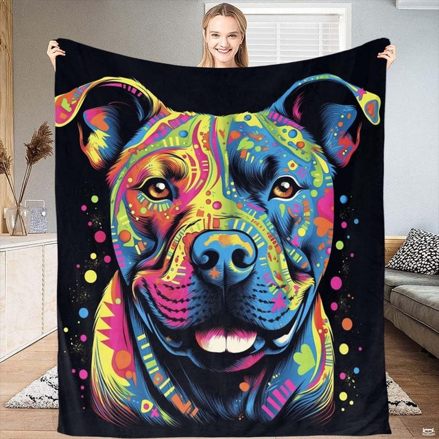 Colorful pitbull pop art throw blanket featuring smiling dog portrait in rainbow tones on black backdrop