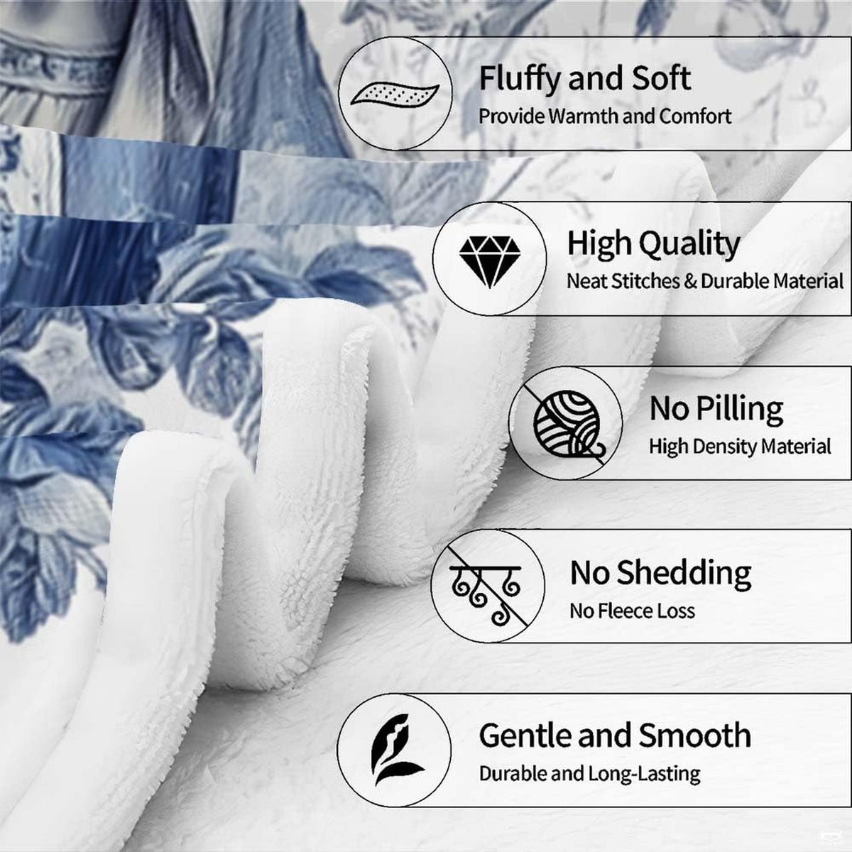 Close-up detail view of white textile surface texture alongside graphic feature icon badges.