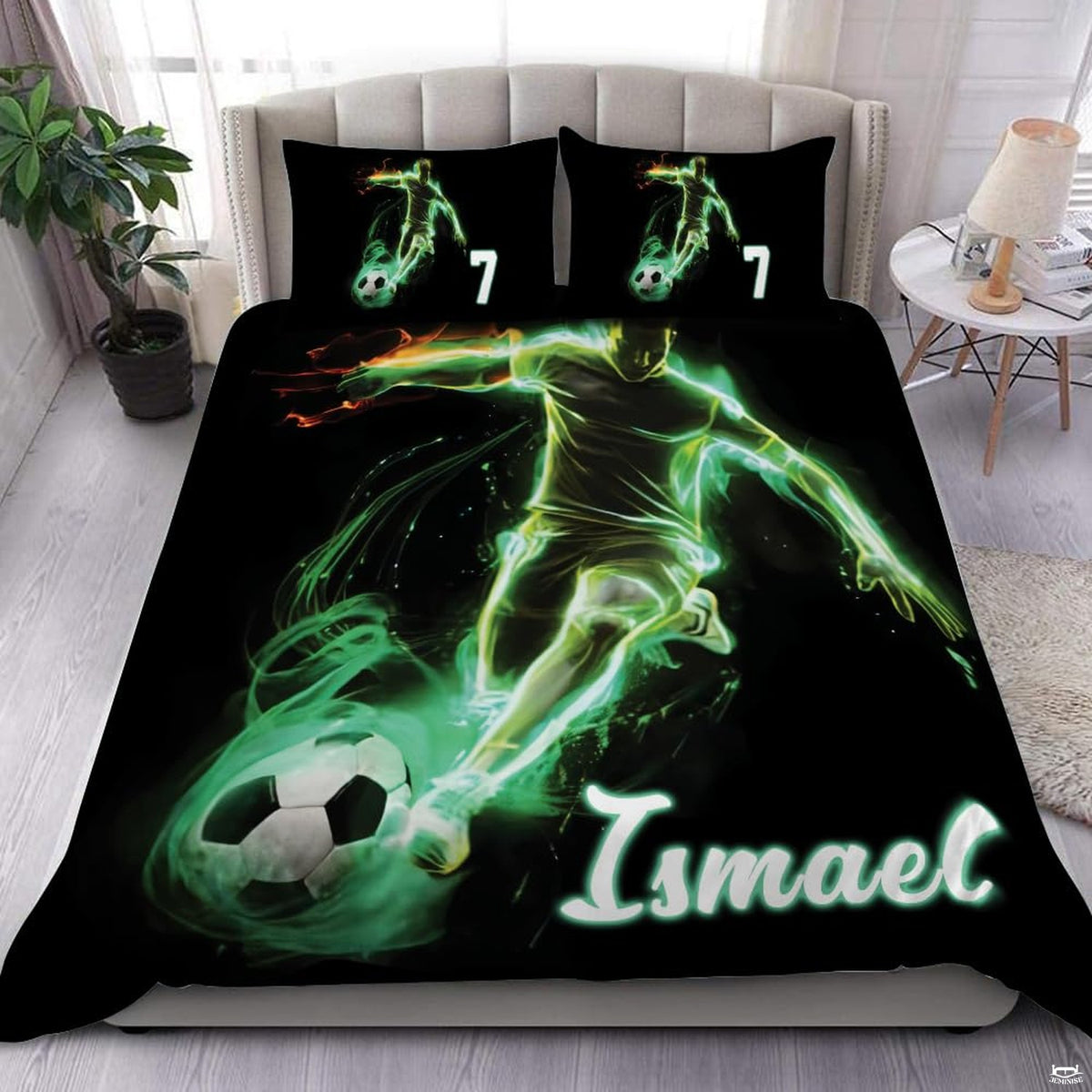 Emerald green soccer athlete sports bedding featuring a soccer player silhouette and ball graphic on a bed