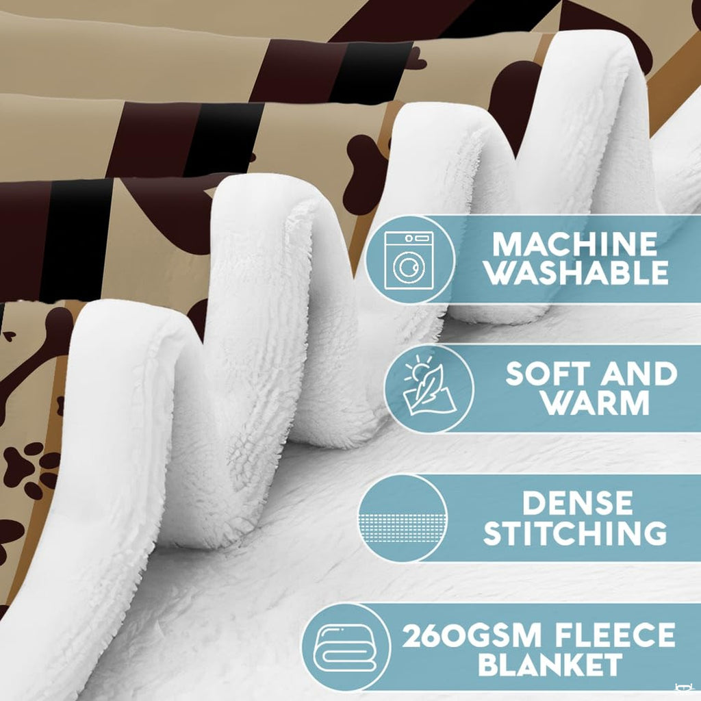 Bedding artwork highlighting paw prints, dog bowls, and EKG heartbeat graphics.