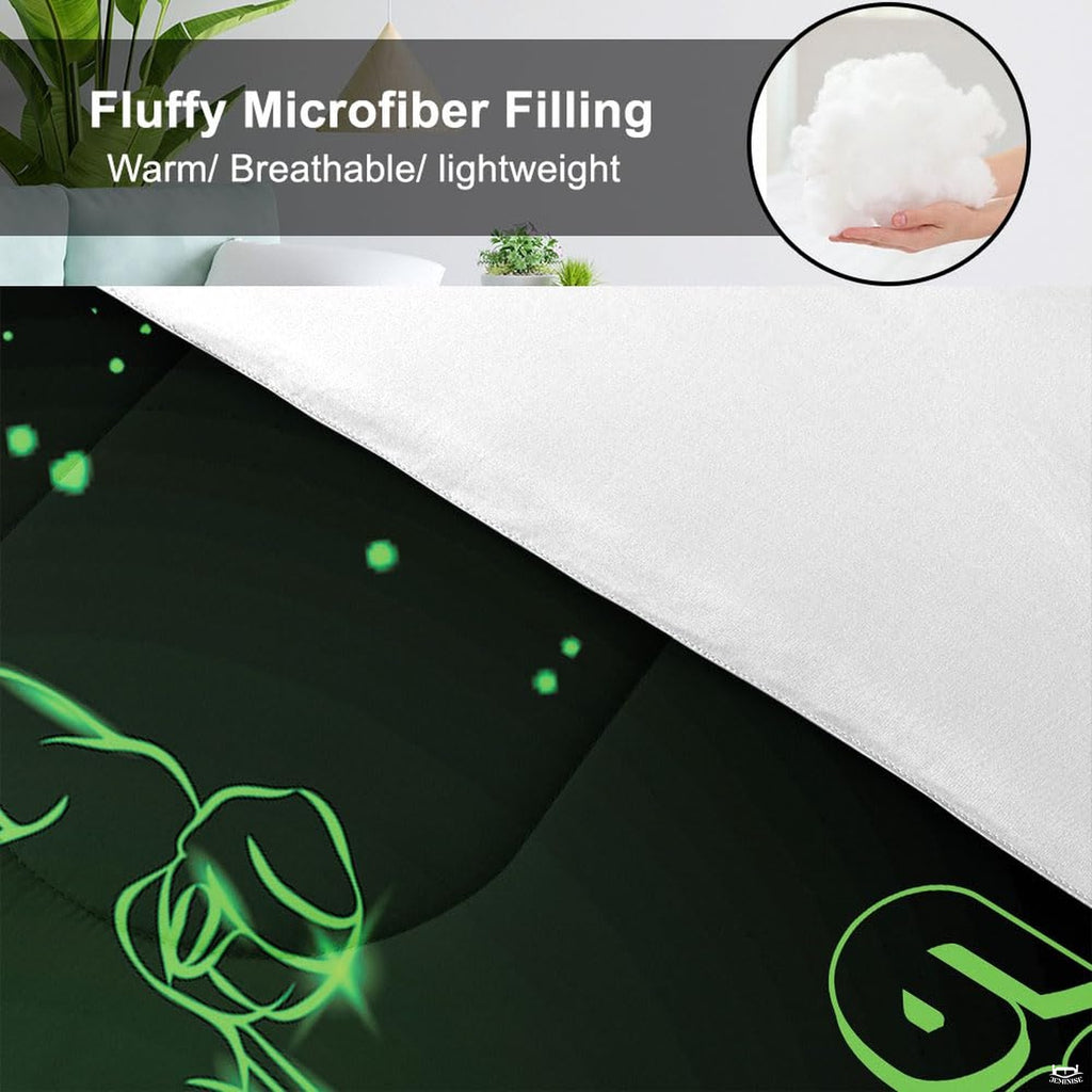 Closeup of radiant green speed splatters and athletic jersey motifs on hockey player bedsy decor.