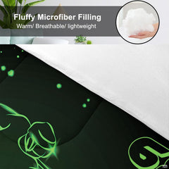 Closeup of radiant green speed splatters and athletic jersey motifs on hockey player bedsy decor.