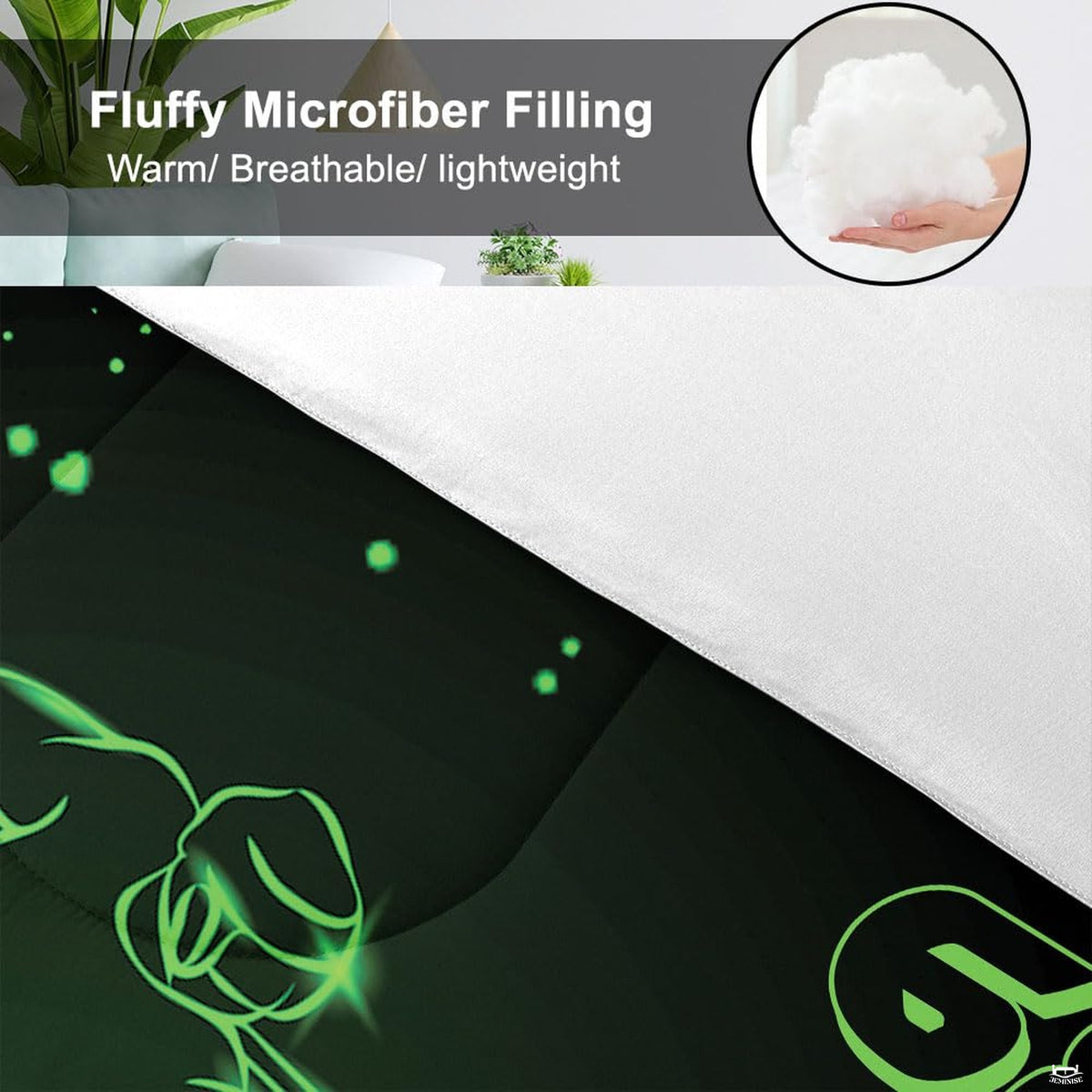 Closeup of radiant green speed splatters and athletic jersey motifs on hockey player bedsy decor.