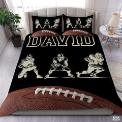 Gridiron player stances and football macro bedding set displayed on bed with matching pillowcases
