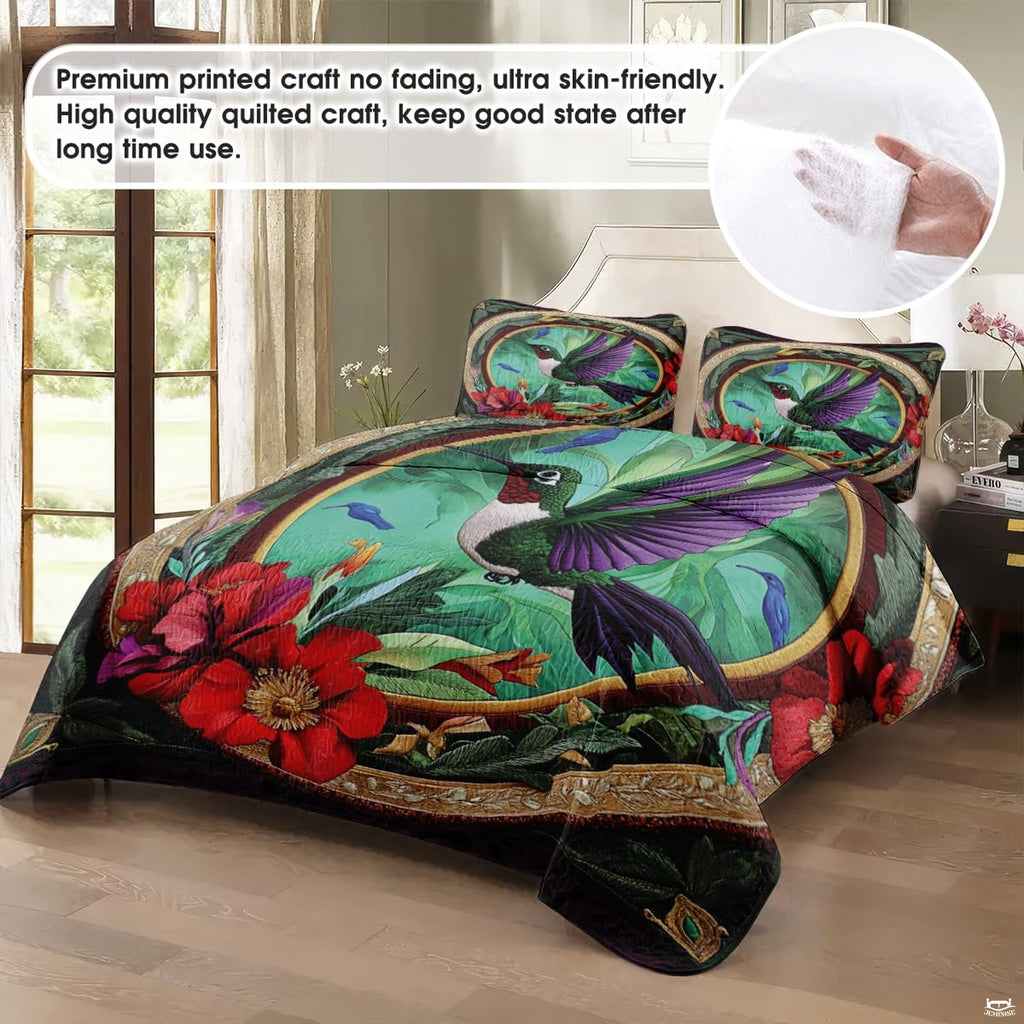 Angled view of turquoise hummingbird medallion bedding with floral border