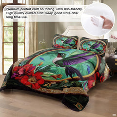 Angled view of turquoise hummingbird medallion bedding with floral border
