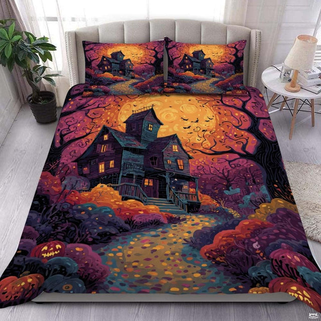 Overhead bedroom view displaying vibrant haunted house and glowing moon bedding with matching pillowcases.
