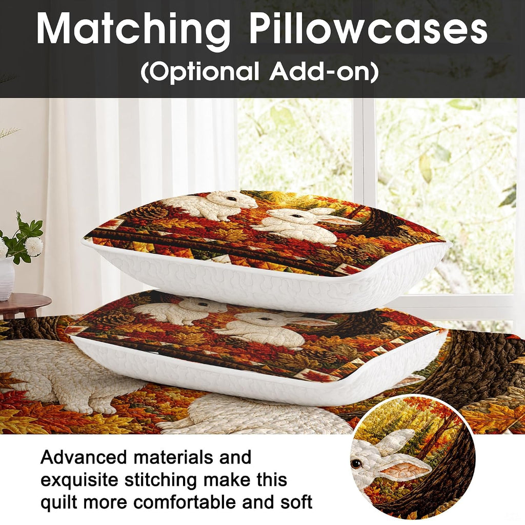 Rustic geometric patchwork border and maple leaf corner detail on an autumn bedding set