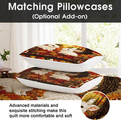 Rustic geometric patchwork border and maple leaf corner detail on an autumn bedding set