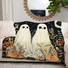 Bedroom styled with Halloween ghost bedding set featuring thematic accent earth tones and autumn decor.