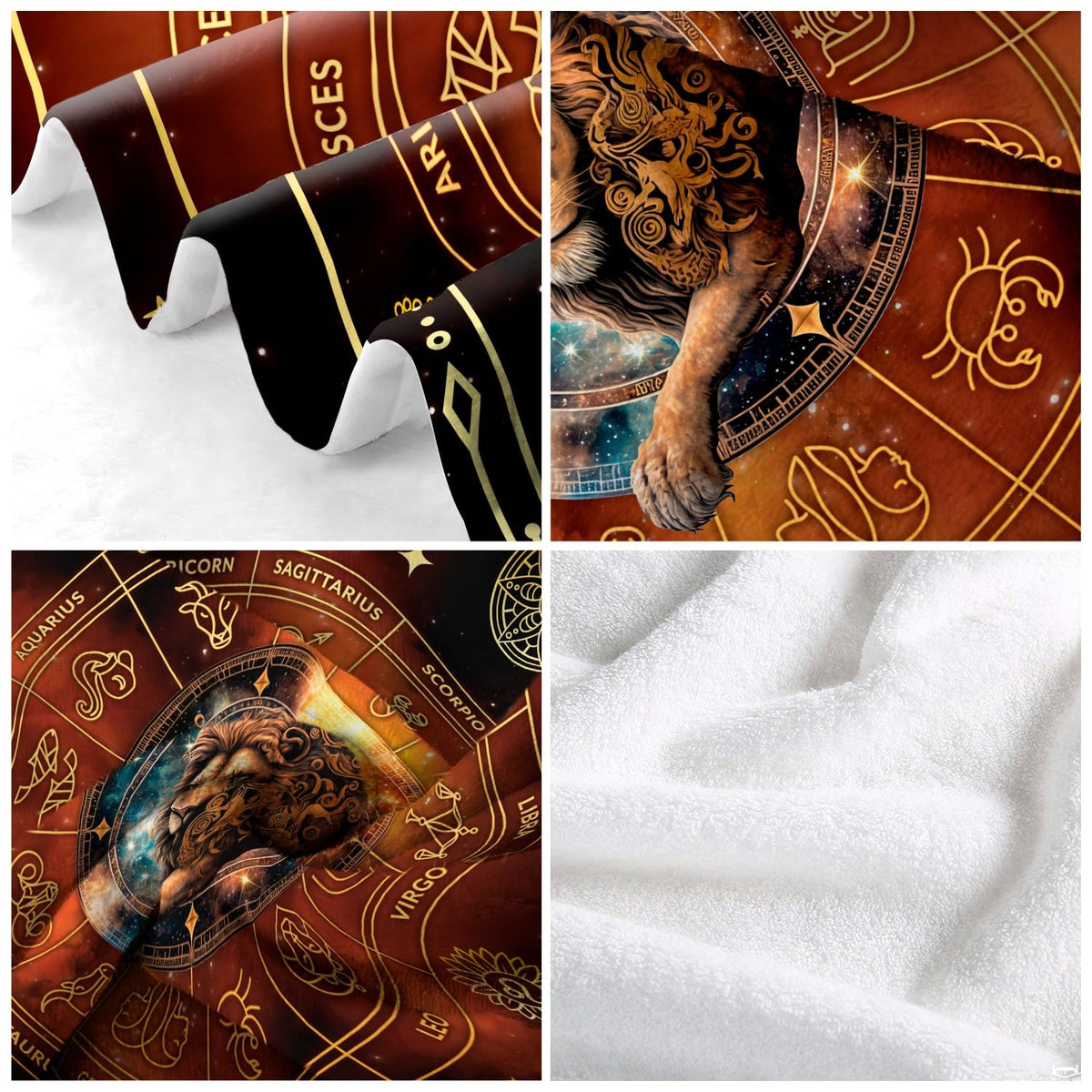 Four-panel close-up view showing textile pile, printed detail, and edge finishing.