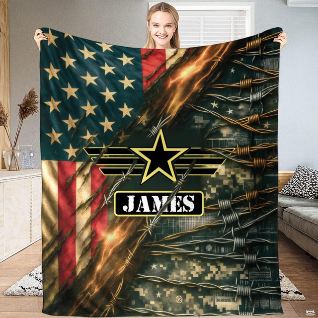 Patriotic military camo bedding set featuring an American flag and digital camouflage split design.