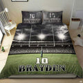 Championship gold football sports bedding featuring textured football graphic and yard lines on a bed