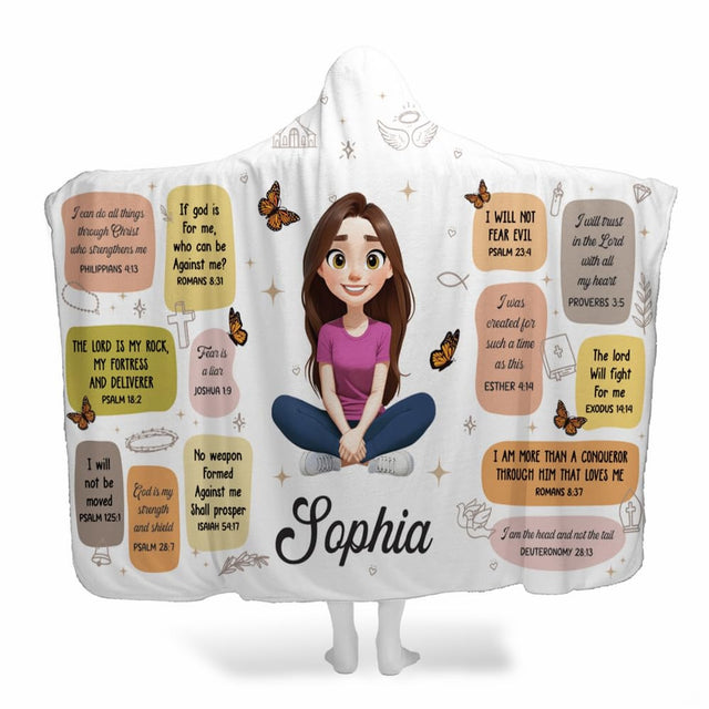 Woman wearing inspirational scripture hooded blanket showing hood fit