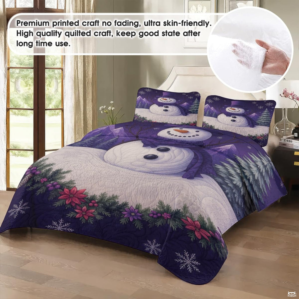 Top-down perspective of snowman bedding set displaying deep midnight indigo borders and snowflake medallions.