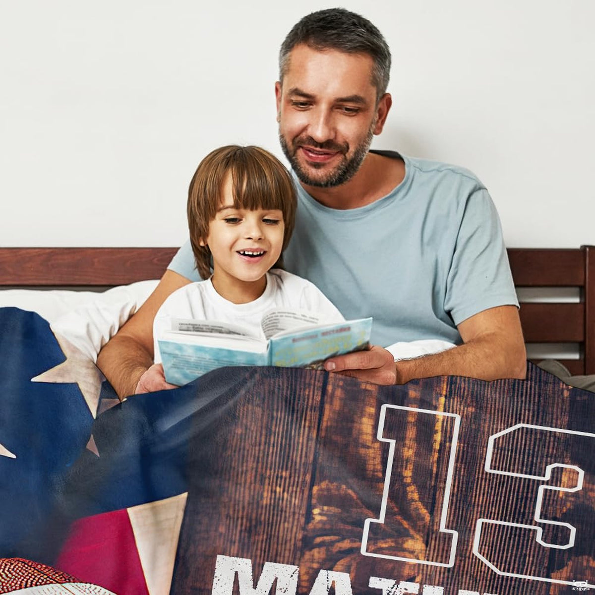 Sports bedroom decor for boys visual print highlighting rustic timber backdrop and football graphic.