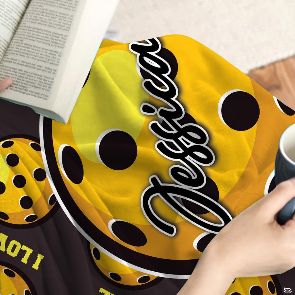 Yellow perforated pickleball pattern with central badge, view 8.