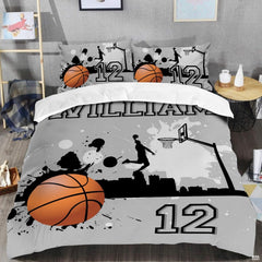 Close-up perspective of basketball bedding showing detailed orange basketball and ink splatter dot textures