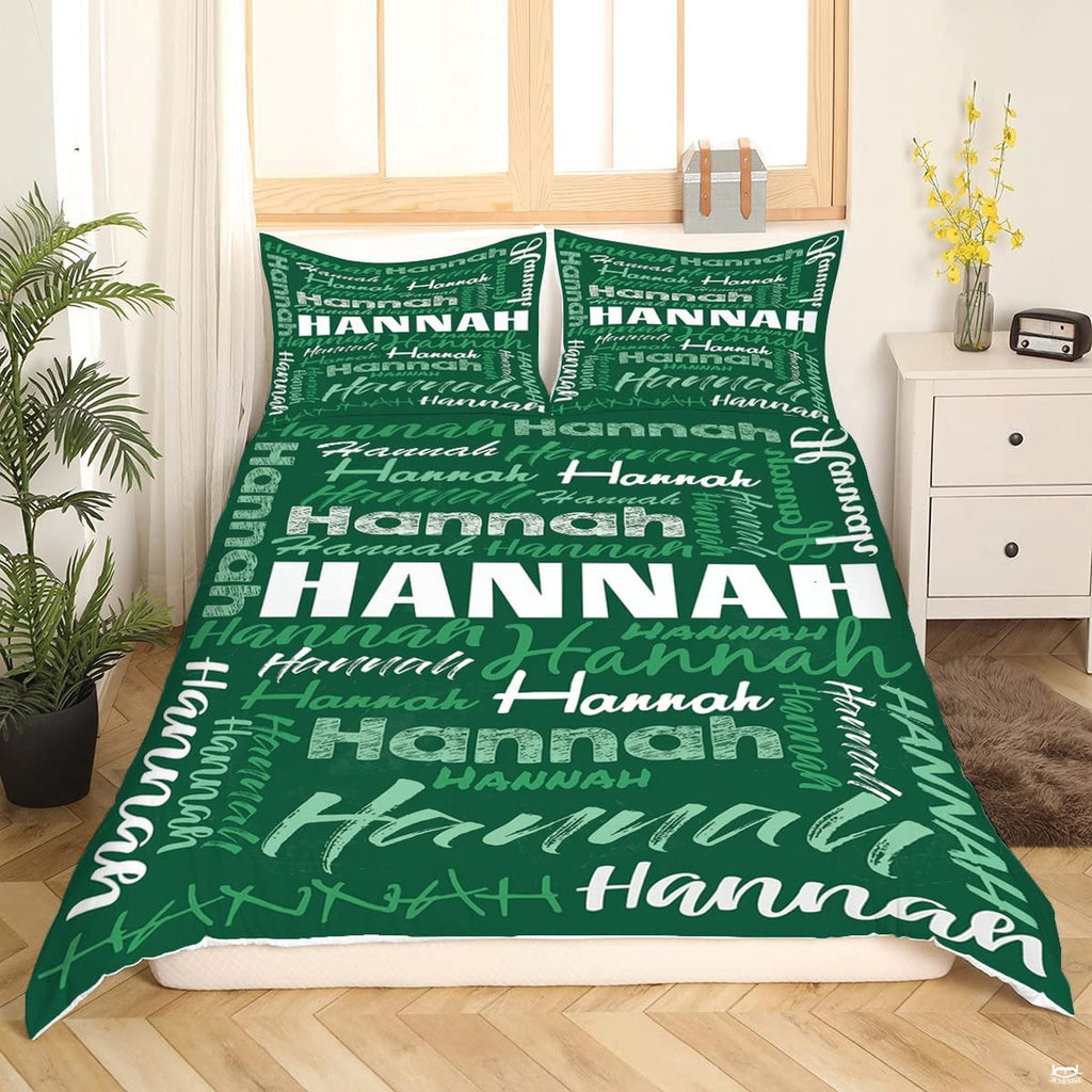 Matching pillow sham detail for typography bedding set displaying dense multi-font lettering in bedroom setting