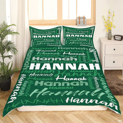 Matching pillow sham detail for typography bedding set displaying dense multi-font lettering in bedroom setting