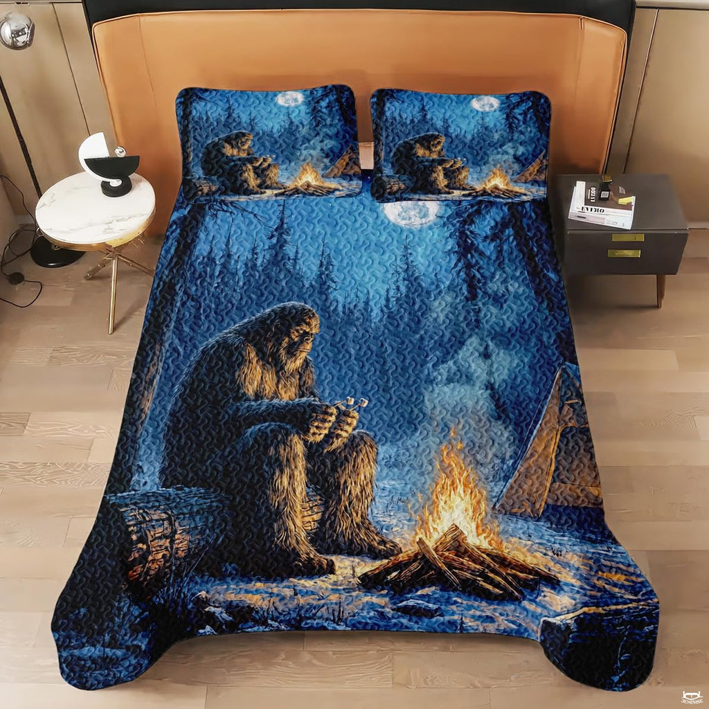 Illustrated Sasquatch campfire artwork accentuating a rustic cabin bed frame retreat