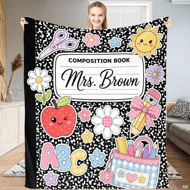Cute back to school bedding set featuring marble notebook pattern and apple illustration.